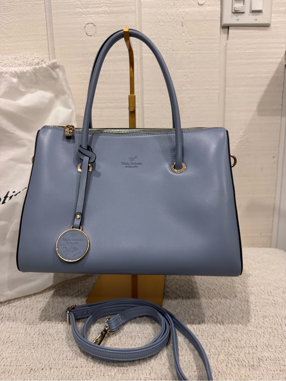 Italian Blue Leather Top-Handle Satchel with Detachable Strap